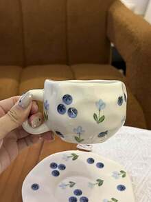 1pc Ins Style Hand-Painted Underglaze Ceramic Coffee Mug, Asymmetrical Hand-Molded Cup, Cute Fruit Pattern Coffee Mug For Home, Afternoon Tea, Milk, Juice, Beverage, Gift For Family, Friends Back To School - Multicolor - View 13