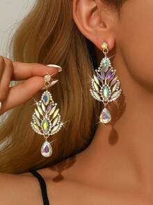 2 件欧美时尚水晶吊坠耳环，女士长款闪亮奢华方晶锆石耳环，新娘婚礼耳环