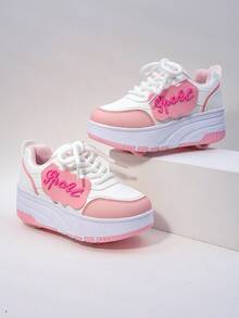 Kids Wheeled Skate Shoes, 4 Wheels Removable Dual-Use Athletic Sneakers, Lace-Up Heelys Roller Skate Shoes, Fashion Casual Shoes For Boys & Girls, Children Students - Pink - View 3