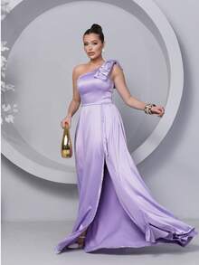 Long Dress For Bridesmaid – One Shoulder With Ruffle And Slit Elegant Simple Elegant Party Satin Side Opening Zipper Pleated Bridesmaid Civil Wedding Debutante Graduate Formal And Evening - 紫丁香色 - 查看 5
