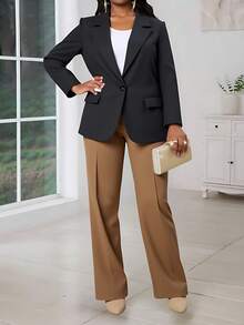 Zalla Women's Plus Size Blazer With Flap Pockets And Front Closure – Elegant Tailoring - 灰色 - 查看 3