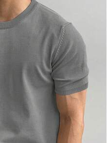 Jersey de punto de manga corta de unicolor casual para hombres, apto para primavera/verano - Gris Oscuro - Ver 4