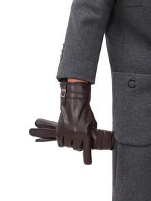 1 Pair Solid Color Casual PU Leather Men's Full Finger Touchscreen Gloves, Faux Sheepskin Faux Leather PU Gloves For Outdoor Sports Cycling, Windproof Waterproof Warm Autumn Outfits