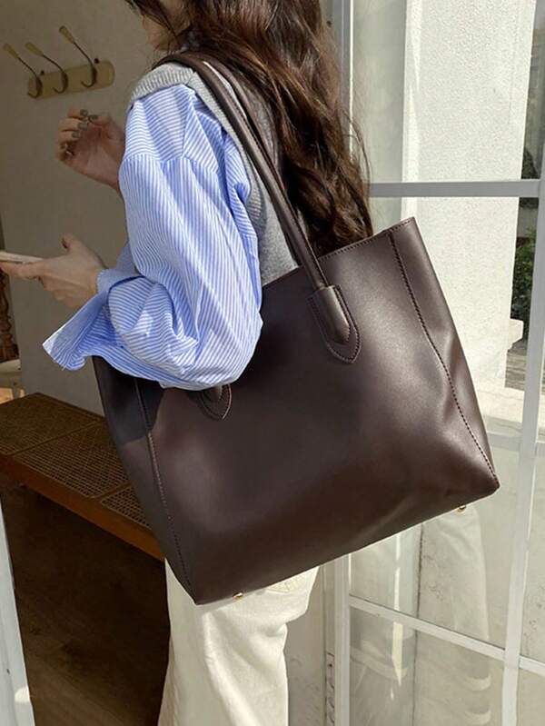 Vintage Brown Minimalist Large-Capacity PU Leather Tote Bag For Women – Commuter Essential, Soft Textured Single Shoulder Satchel With Double Handles, Versatile Casual/Office/Travel Bag, Waterproof Durable Fashion Accessory For Daily Work, College, Shopping, Autumn Winter 2025 Solid Color Spacious Handbag.