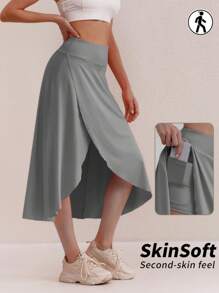 Plus Size Asymmetrical Hem Skirt, Black High Waist Long Skirt Design, Slimming Umbrella Skirt
