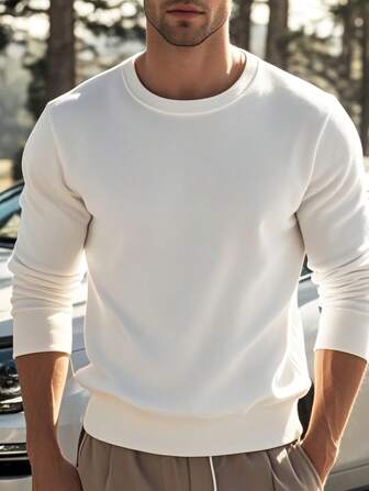 Casual Fashion All-Match Versatile Solid Color Men Crew Neck Sweatshirt