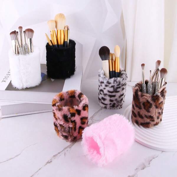 1 pieza Soporte para brochas de maquillaje, lápiz de maquillaje, taza de almacenamiento de rímel, soporte para bolígrafos de oficina de color liso y estampado de leopardo suave