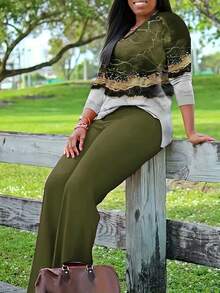 休闲优雅 V 领印花长袖 T 恤和裤子套装，2 件