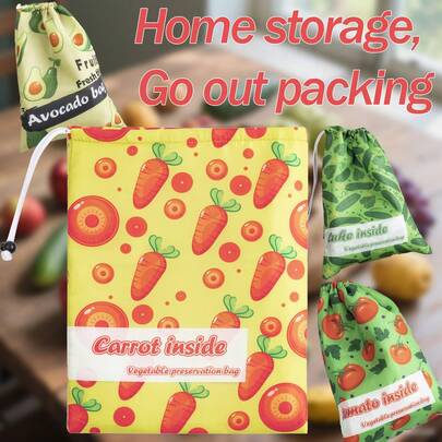 1pc/3pcs Set Carrot/Tomato/Cucumber Storage Bag - Say Goodbye To Messy Kitchen - Organized Storage - Delay Decay - Cartoon Pattern - Suitable For Camping
