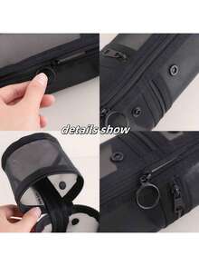 涤纶网眼两用化妆刷收纳包，便携式拉链钢盒，大容量旅行刷架，无香型，不留印 - 黑色