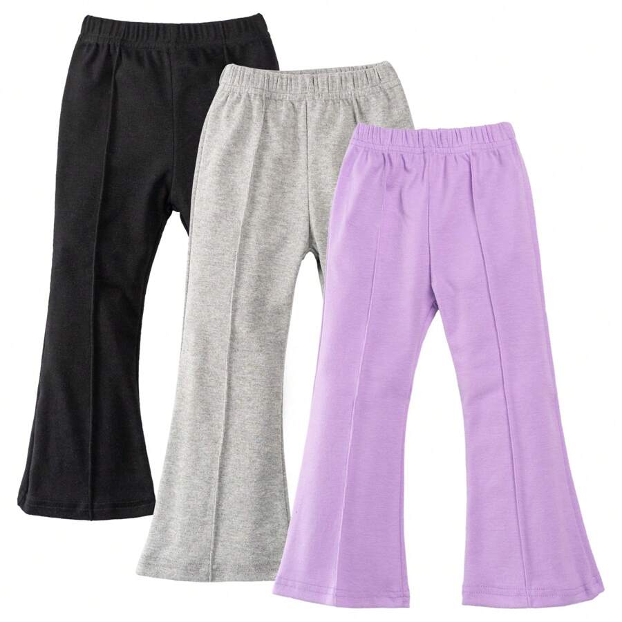 Lontakids Toddler Girl Flare Pants 3 Pack Ruffle Ribbed Baby Bell Bottoms Slub Cotton Solid Elastic Waist Trousers - GreyBlackPurpleLine - 查看 1