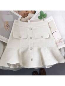 女士优雅粗纱香风A字裙，适合复古高贵的花园派对和通勤场合。 - 白色 - 查看 1