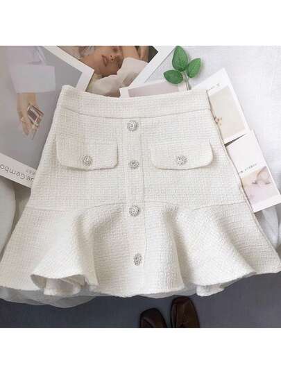 女士优雅粗纱香风A字裙，适合复古高贵的花园派对和通勤场合。