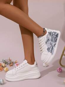 White Shoes College Style Round Toe Women's Casual Shoes Printed Flat Heel Thick Bottom Heightening Shoes Casual Sports Shoes Women's Shoes - Màu be - Xem 7