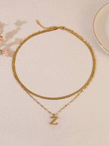 1pc Minimalist Stainless Steel Double Layer Necklace With Uppercase Letter Pendant, Suitable For Women's Daily Wear Or As A Gift For Friends - Yellow Gold - View 31