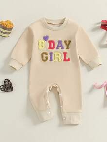 1st Birthday Outfit Baby Boy Girl Jumpsuit Cute Embroidery Long Sleeve Romper Bodysuit One Year Old Birthday Clothes - 杏色 - 查看 1