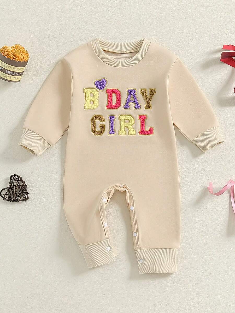 1st Birthday Outfit Baby Boy Girl Jumpsuit Cute Embroidery Long Sleeve Romper Bodysuit One Year Old Birthday Clothes - 杏色 - 查看 1