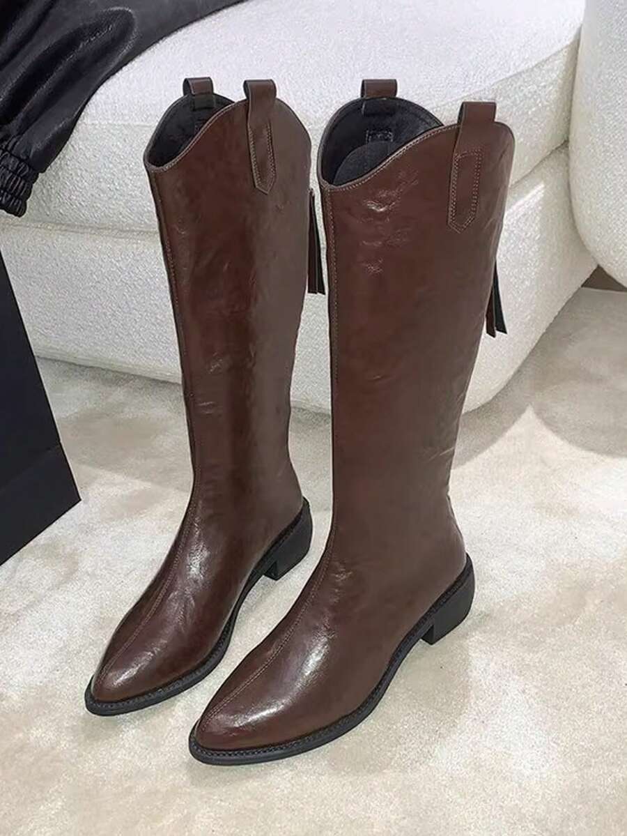 1双女士尖头粗跟厚底高筒靴,橡胶防滑鞋底,后拉链设计,时尚百搭高筒靴,棕色优雅秋冬过膝靴,户外靴 - 棕色 - 查看 1