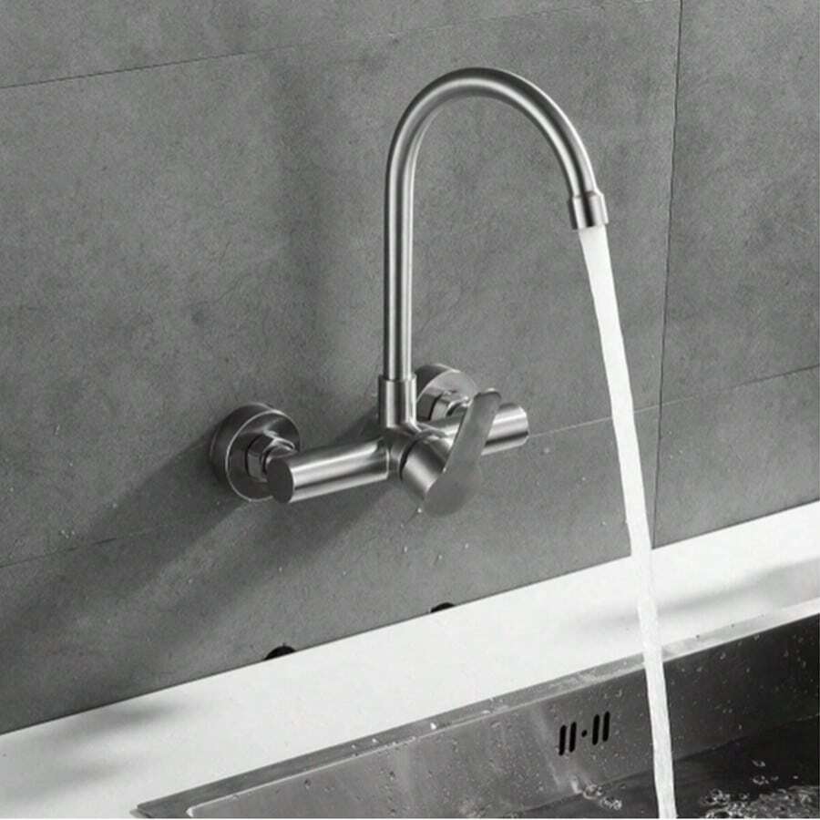 [Stainless Steel Kitchen Faucet] Stainless Steel Wall-Mounted Kitchen Faucet With Curved Spout - Hot And Cold Water, Rotatable - Includes Accessories