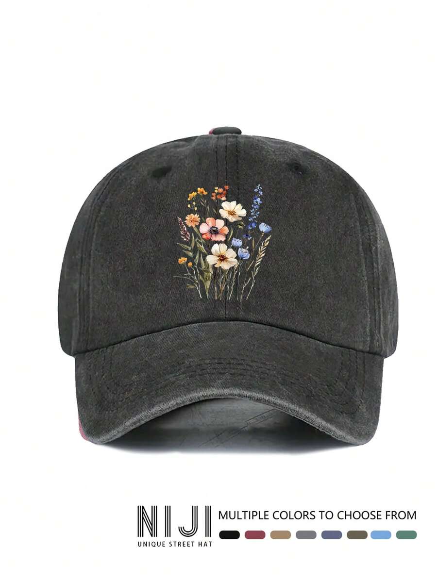 1 件水彩花卉印花水洗棒球帽，可调节软帽冠复古帽，经典休闲复古柔软吸汗带可调节尺寸轻质防晒帽，适合户外运动、日常穿着、派对、度假