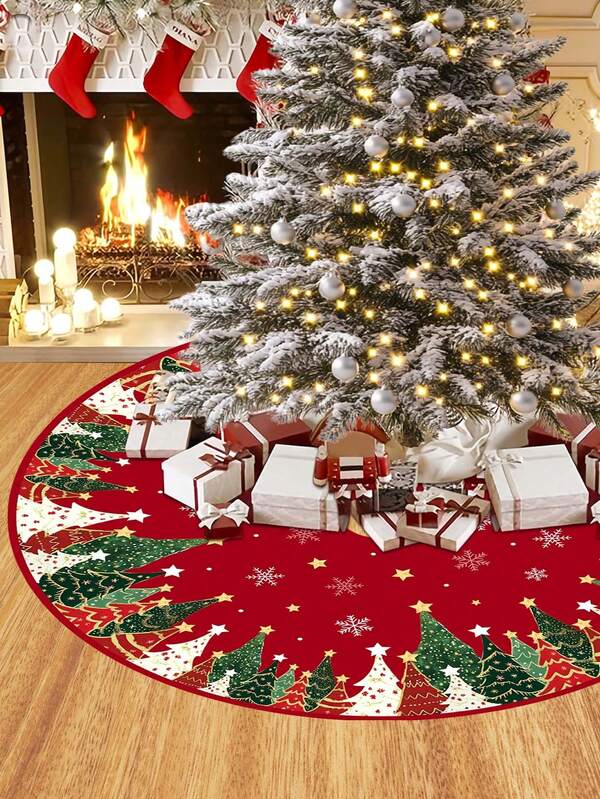 Gonna per albero di Natale, gonna per albero di Natale in tessuto con motivo a fiocchi di neve, decorazione rotonda rossa e dorata per albero di Natale, gonna per albero di Natale per decorazione di sfondo per la casa, decorazione natalizia, elemento di design ad albero di pino natalizio, adatto per decorazione natalizia domestica, decorazione per albero di Natale