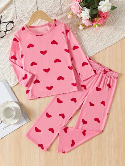 2pcs/Set Girls' Long Sleeve Heart Print Pajama Set, Thin Base Layer Sleepwear For Young Girl & Toddlers, Suitable For Ages 4-12