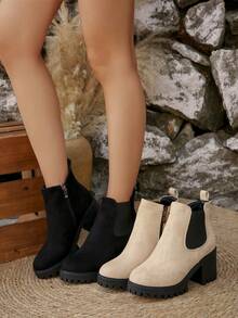 女式粗跟切尔西靴，弹力靴，仿皮弹力粗跟休闲靴，女鞋，侧拉链时尚靴子，新款时尚粗跟性感女式踝靴，女式新款秋冬短款天鹅绒拉链踝靴，厚底圆头弹力时尚踝靴，女靴 - 黑色 - 查看 6