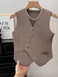 1件女士黑色、白色、杏色、咖啡色、紫色针织修身无袖背心，新款上市，优雅单排扣法式复古假领 - 彩色 - 查看 3