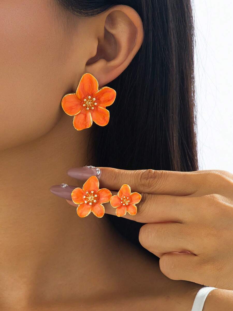 3 Pairs Handmade Orange 5-Petal Flower Stud Earrings, Dopamine Inspired, Suitable For Daily Wear/Vacation - Orange - View 1
