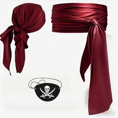 1-3 Stücke Weihnachten Neue Satin Satin Stoff Piraten Stirnband, Taillengürtel, Filz Totenkopf Augenmaske, Lustiges Cosplay Mittelalterlich Renaissance Piraten Kostüm Zubehör, Maskenball Party Magie Outfit Requisiten, Valentinstag