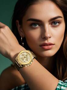 BIDEN 1 件女士手表，计时码表，防水，日历显示，不锈钢表带，时尚优雅石英女士手表 + 赠送钢带切割工具 + 赠送表盒 - 金色 - 查看 3