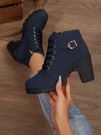 1 Pair Solid Color Unisex Fashion Forward Casual Commute Outdoor Short Boots With Side Zipper And Buckle Decor, Women's High Heel Ankle Boots, Boots, Suitable For Vacation, Party, Outdoor, All Season, Waterproof Platform Thick Heel High Boots, Black