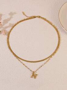 1pc Minimalist Stainless Steel Double Layer Necklace With Uppercase Letter Pendant, Suitable For Women's Daily Wear Or As A Gift For Friends - Yellow Gold - View 11