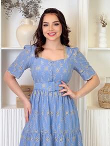 Elegant Midi Dress In 3D Laise Lined With Perfect Fit – Size M, G And GG - Baby Blue - View 4