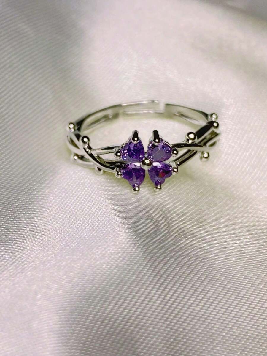 1 pieza Anillo abierto de acero inoxidable con trébol de cuatro hojas púrpura y circonita, anillo de nicho de alta gama delicado