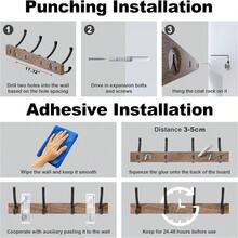 SDFGSDF 17 Inch Walnut Wood Wall Mounted Coat Rack With 4 Black Hooks, Adhesive Mounted Entryway Hooks, Modern Natural Wooden Pegs For Hanging Coat Clothes Hat Bag Purse Key And Towel - Coat Rack with 4 Double Hooks - 查看 5