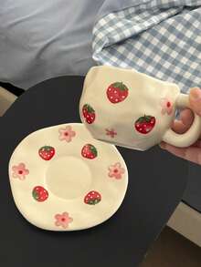 1 件复古草莓花陶瓷杯，手绘蝴蝶和樱桃不对称形状咖啡杯，茶拿铁杯，早餐牛奶杯，水杯，返校礼物