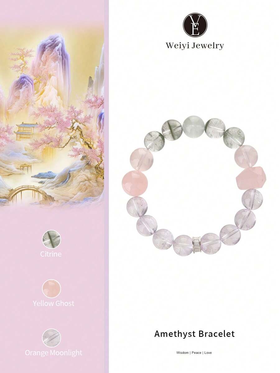 1pc High Quality S925 Silver Natural Amethyst Bracelet, Pink Quartz & Green Phantom Quartz Emotional Regulation & Luck Attracting Premium Bracelet. Suitable For Self, Bestie, Girlfriend, Friend, Mom, Unisex. Jewelry Color Random. - Bracelet - View 1