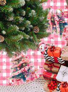 Christmas Tree Skirt, Pink Plaid Background With Warm Snowman Pattern And Christmas Tree Design, Christmas Party Decor Fabric, Christmas Tree Decoration