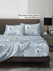 4件套蓝色花叶图案床上用品套装，柔软超细纤维易护理床上用品套装，花卉图案床单套装（1张床单+1张床笠+2个枕套），送给父母、朋友的礼物，宿舍床上用品，返校季必备
