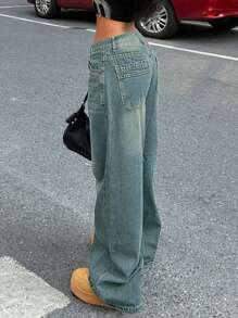 女式宽松直筒复古风男友风牛仔裤 - 淺色水洗藍 - 查看 6
