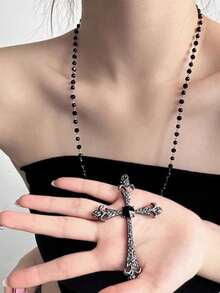1pc Ascension Day Cross Crystal Beaded Necklace, Black Metal Material With Zirconia Inlaid, Goth Style Suitable For Women Daily Wear - màu đen - Xem 11
