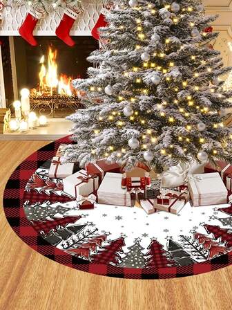 Falda para árbol de Navidad, falda para árbol de Navidad con estilo de bosque pintada a mano, con ribete a cuadros rojos y negros, patrón de pino, tela decorativa navideña, adecuada para la base del árbol de Navidad, decoración del hogar