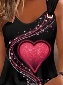 Top sin mangas de escote en V con estampado de corazón 3D para mujer, lavable a máquina, adecuado para actividades al aire libre de verano y uso casual, camisa casual de verano con estampado de corazón