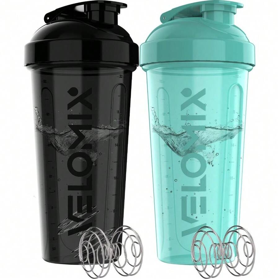 2 Pack 28oz Fitness Shaker Bottles With Stainless Steel Whisk Balls, Leakproof Protein Mixer Cup For Gym Workout School Travel, Includes Cleaning Brush & Wide Mouth Design For Easy Mixing - 21) 黑色/綠松石色 - 查看 1