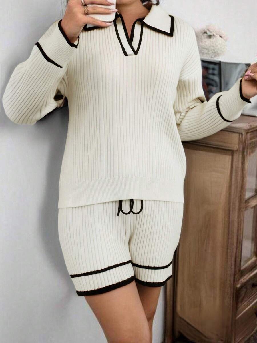 مجموعة كنزة صوفية كم طويل ذات ياقة وشورت مصنوع من الصوف، أسود وأبيض، خريف/شتاء