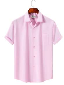 Rand paul Men's Casual Social Short Sleeve Plain Shirt With Pocket In Slightly Stretch Polyester - Baby Pink - View 1