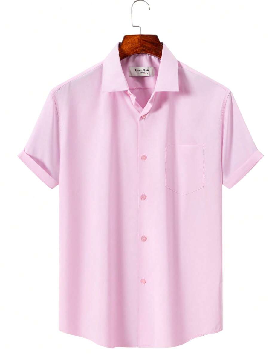 Rand paul Men's Casual Social Short Sleeve Plain Shirt With Pocket In Slightly Stretch Polyester - Baby Pink - View 1