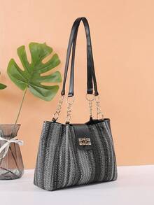 Fashionable Striped Handbag - Women's Large Capacity Shoulder Bag - Daily Use Lockable Tote Bag With Metal Chain - White - View 2