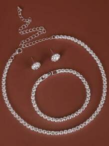 4 件套全水钻精致项链和手链首饰套装，适合女士日常佩戴 - 銀色 - 查看 2